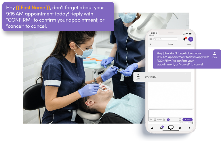 Dentist and phone showing sms appointment confirmation