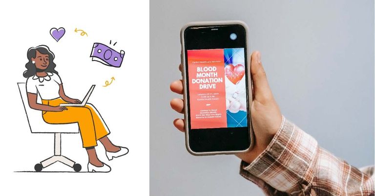 woman sitting down using laptop next to hand using text to donate