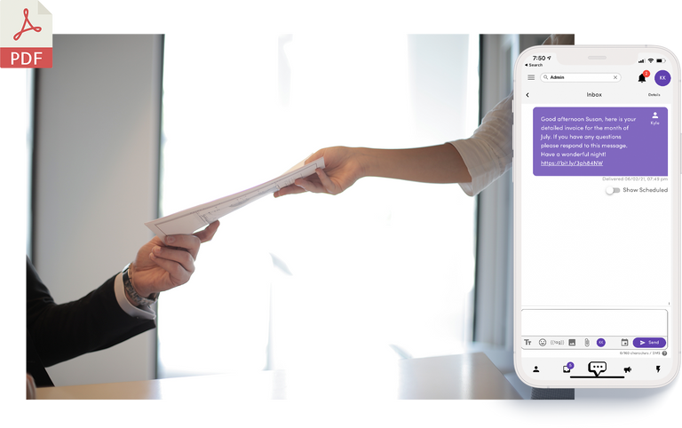 two people exchanging paper and message showing send pdf sms