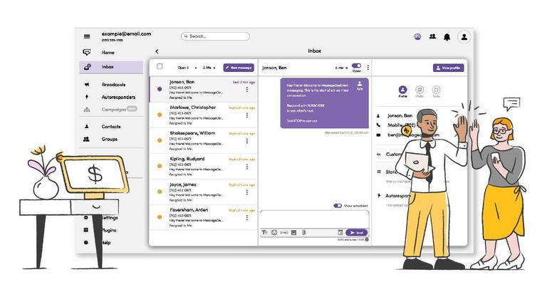 Screenshot of the MessageDesk website inbox with two people standing and giving each other a high five