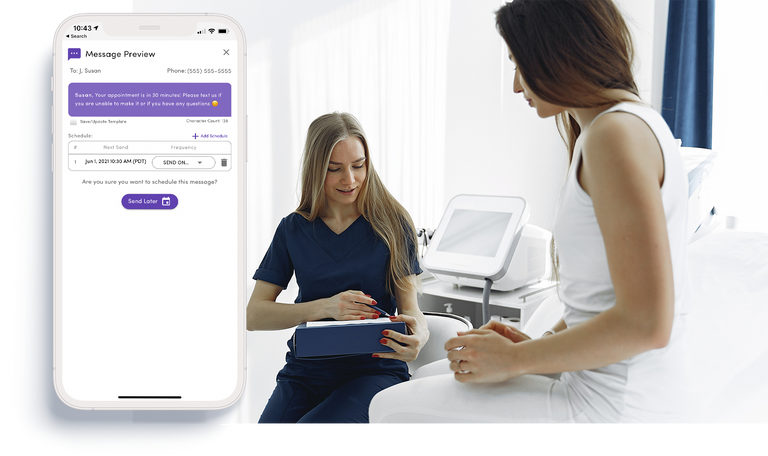 Medical professionals and phone showing medical offices scheduled sms 