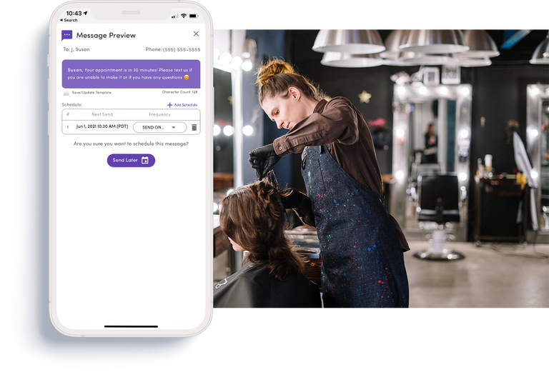 barber cutting a woman's hair and a phone showing automation sms services