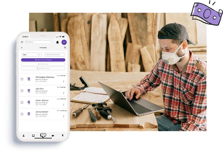 man working on laptop and phone showing sms payments