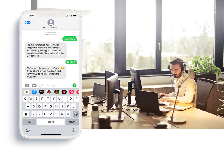 professional working at desk and phone screenshot showing sms opt in compliance