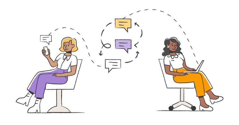 Two women sitting down using electronic devices to communicate with each other using business texting etiquette