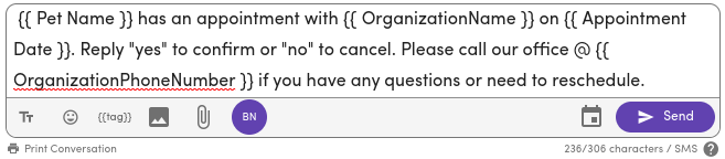 MessageDesk message showing Veterinary Personalized Appointment Reminder Message