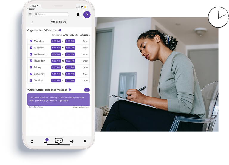 woman writing on a clipboard and phone showing automation sms